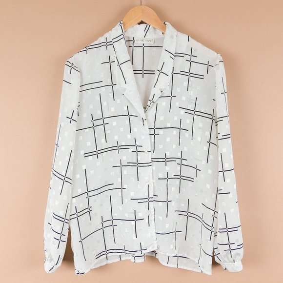Stuart Lang Tops - VINTAGE Sheer Long Sleeve Geometric B&W Blouse
